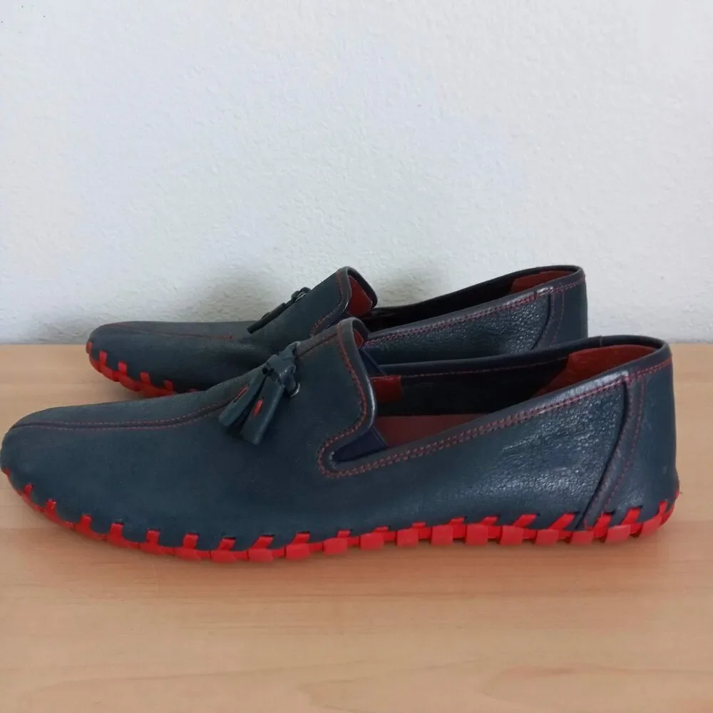Andrew Leather Loafers Suction Slip Resistant Sole SZ 10 * 43 Blue Red Slip Ons